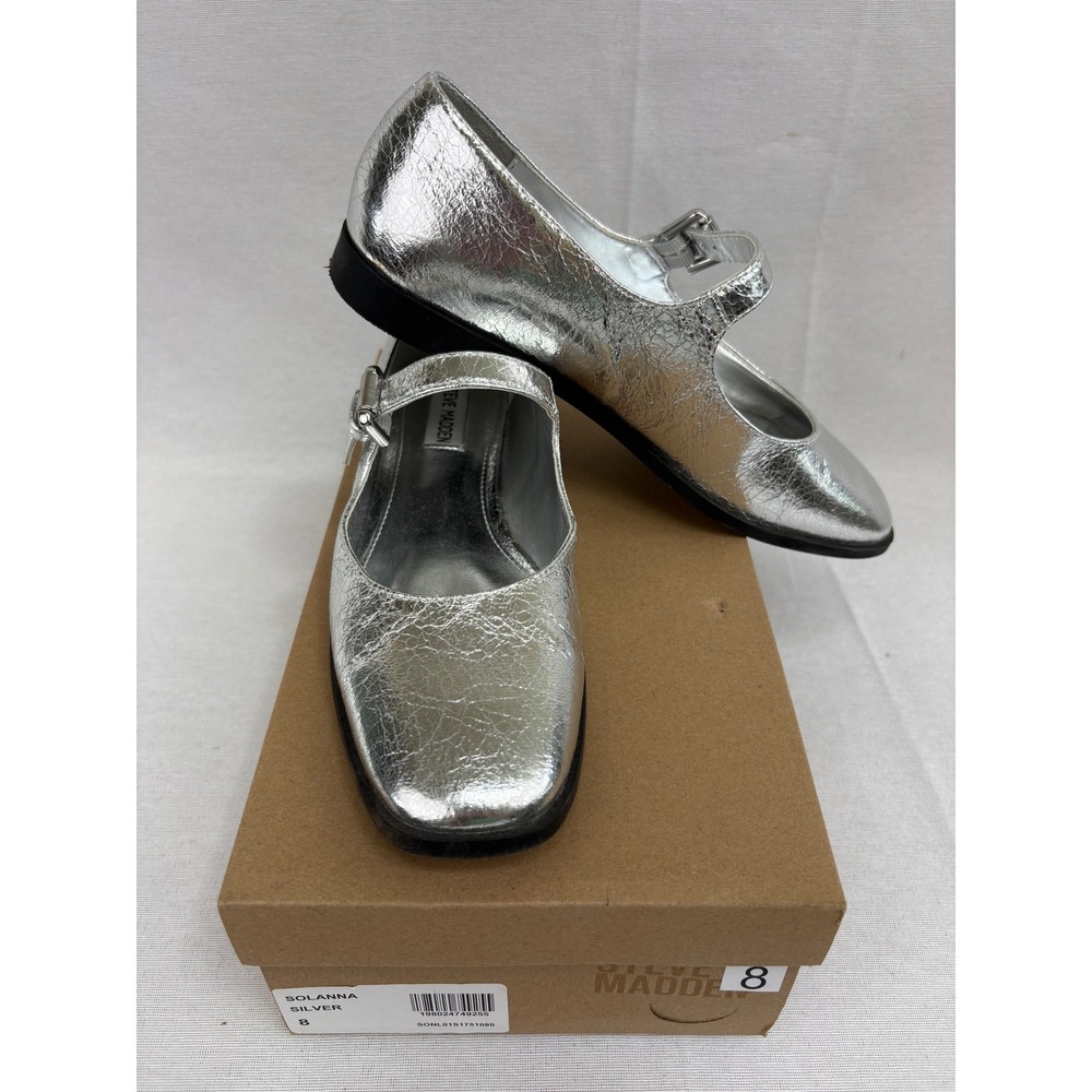 Steve Madden Solanna Mary Jane Flats Size 8M Metallic Silver Crackled Festive